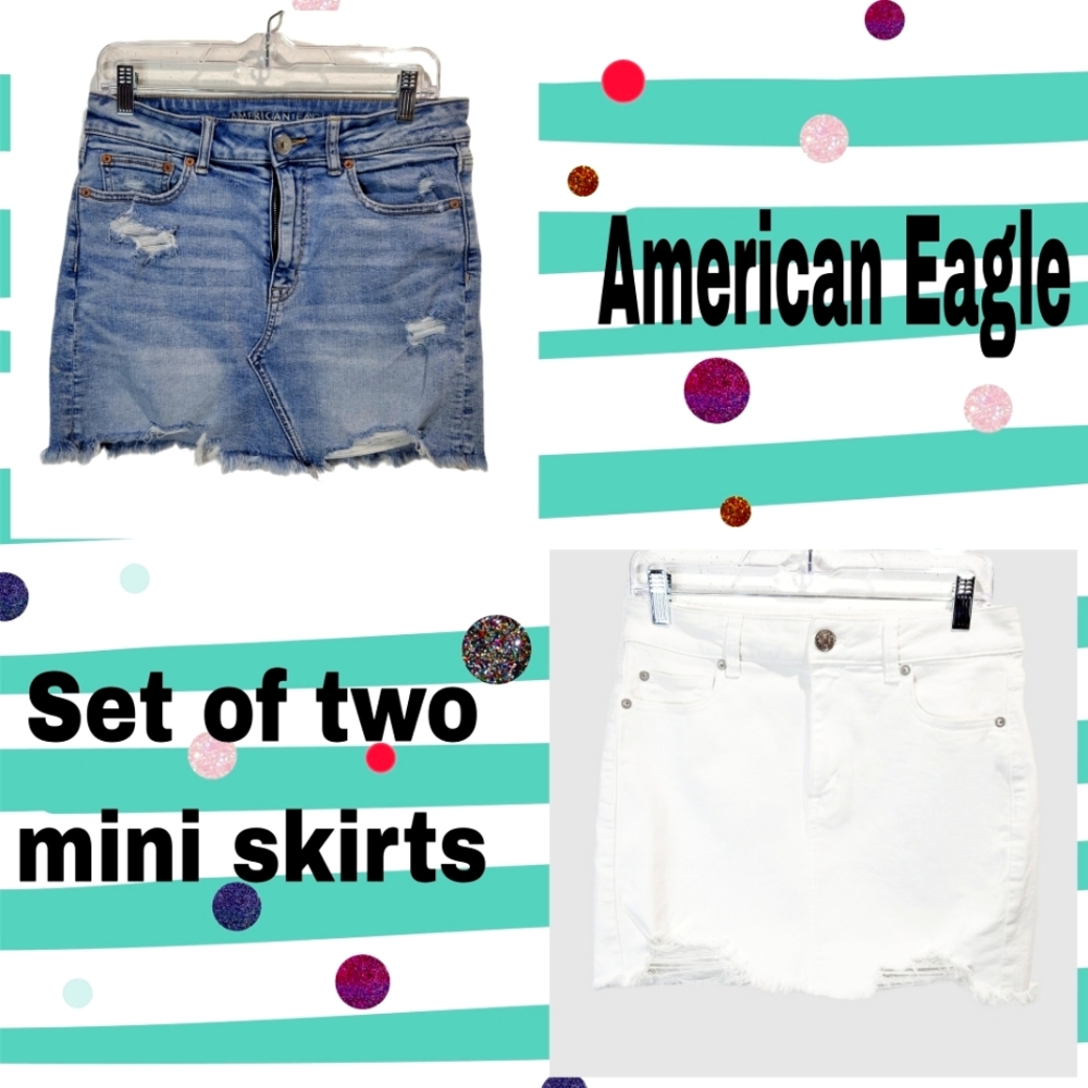 TWO American Eagle denim, high-rise mini skirts, Size 8, great condition both.